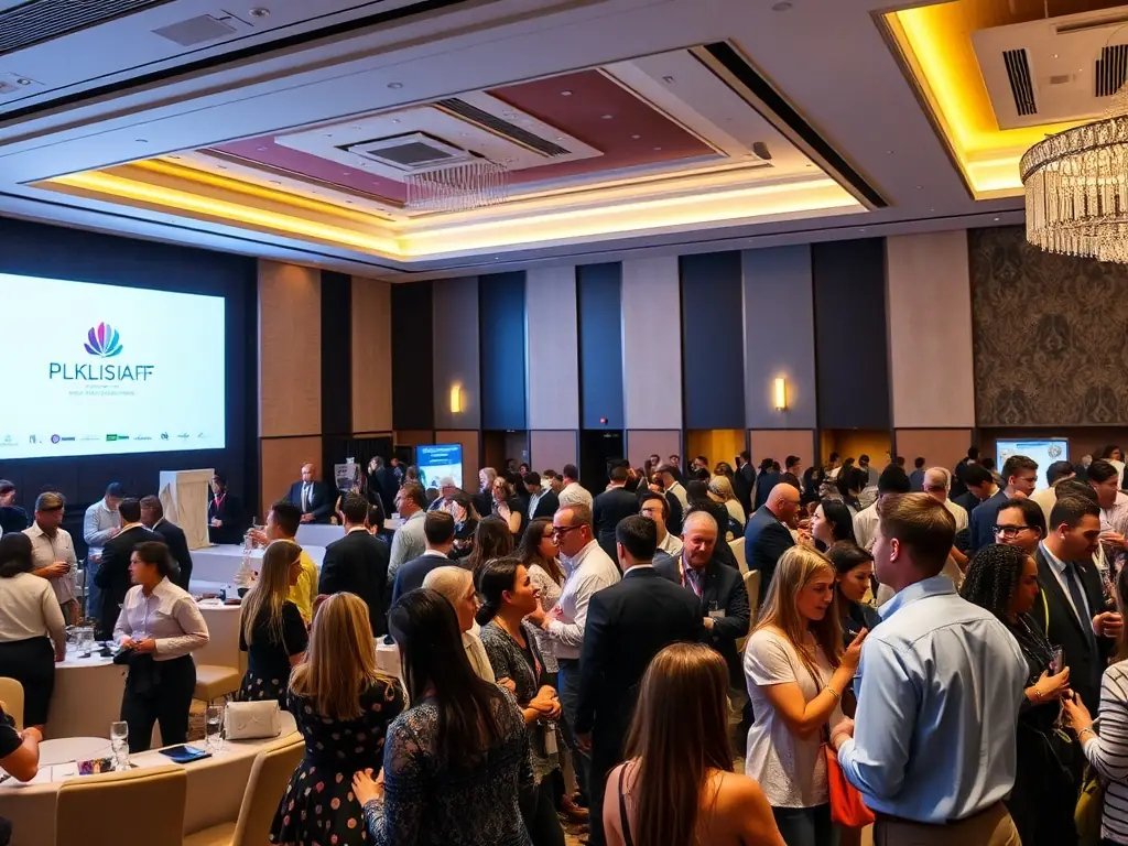 A photograph of a modern conference hall during the 'Future of Tech' conference, showcasing a diverse group of attendees actively participating in a panel discussion.