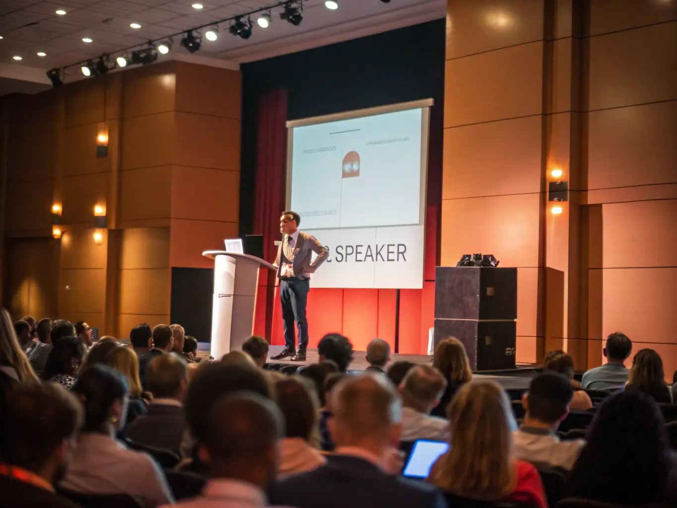 A photograph capturing a keynote speaker addressing a large audience at the BizConnect UK 2023 conference in London, emphasizing the event's scale and impact.