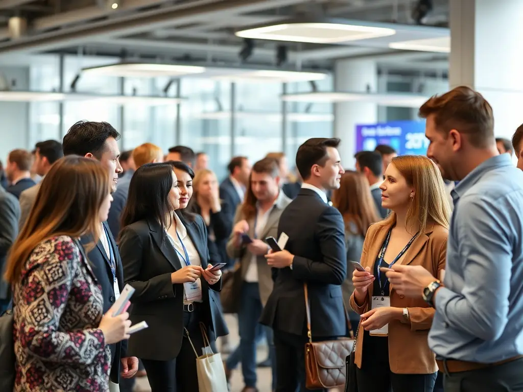 A photograph of a diverse group of professionals actively participating in a networking session at a BizConnect UK conference. They are exchanging business cards and engaging in conversation.