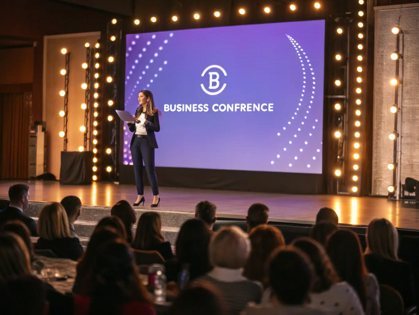 A dynamic image of a keynote speaker presenting at the 'Leadership in the Digital Age' conference, with a large screen displaying key points.