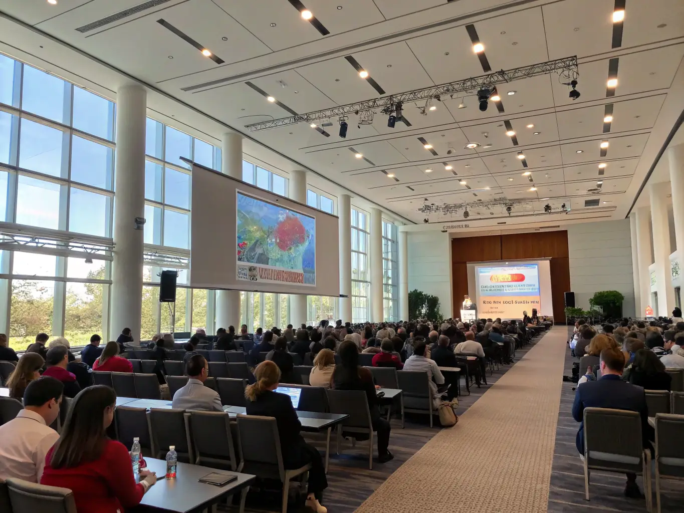 A photograph of a modern conference hall filled with attendees listening to a keynote speaker on stage at a BizConnect UK event. The atmosphere is professional and engaging.